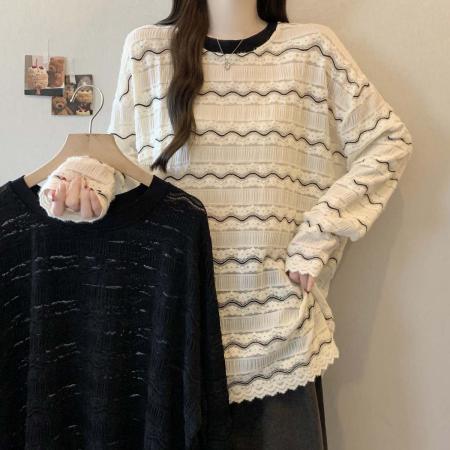 FA54555# 春季新款圆领条纹镂空百搭T恤女大码宽松休闲显瘦单上衣  服裝批發女裝批發服飾貨源