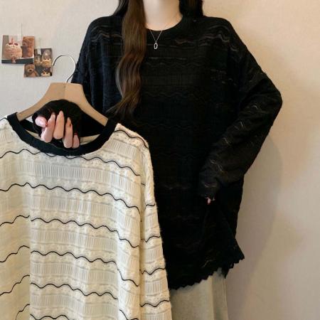 FA54555# 春季新款圆领条纹镂空百搭T恤女大码宽松休闲显瘦单上衣  服裝批發女裝批發服飾貨源