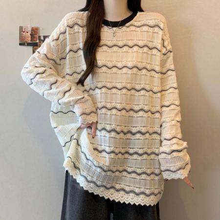 FA54555# 春季新款圆领条纹镂空百搭T恤女大码宽松休闲显瘦单上衣  服裝批發女裝批發服飾貨源