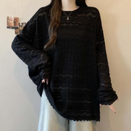 FA54555# 春季新款圆领条纹镂空百搭T恤女大码宽松休闲显瘦单上衣  服裝批發女裝批發服飾貨源