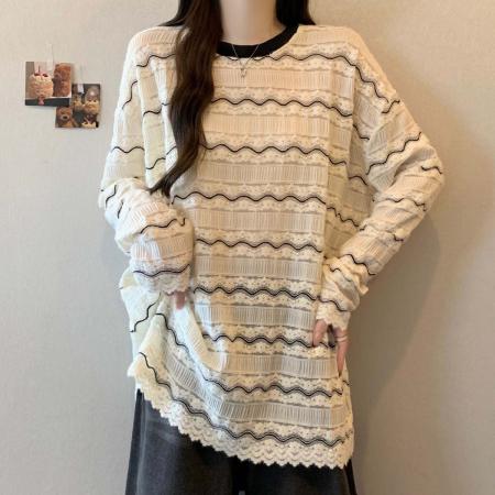 FA54555# 春季新款圆领条纹镂空百搭T恤女大码宽松休闲显瘦单上衣  服裝批發女裝批發服飾貨源