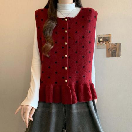 FA54556# 秋冬新款单排扣波点百搭针织马甲女大码宽松休闲背心上衣  服裝批發女裝批發服飾貨源