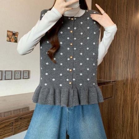 FA54556# 秋冬新款单排扣波点百搭针织马甲女大码宽松休闲背心上衣  服裝批發女裝批發服飾貨源