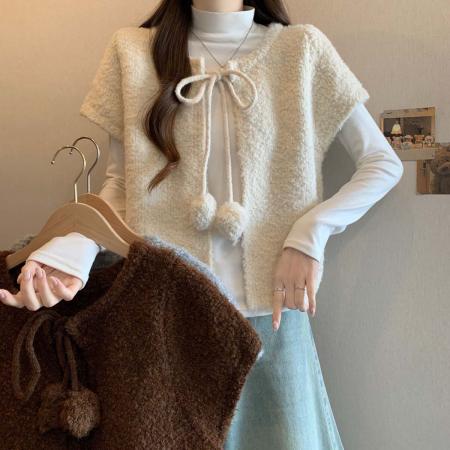 FA54557# 秋冬新款个性短袖百搭系绳针织衫毛衣大码宽松显瘦上衣  服裝批發女裝批發服飾貨源