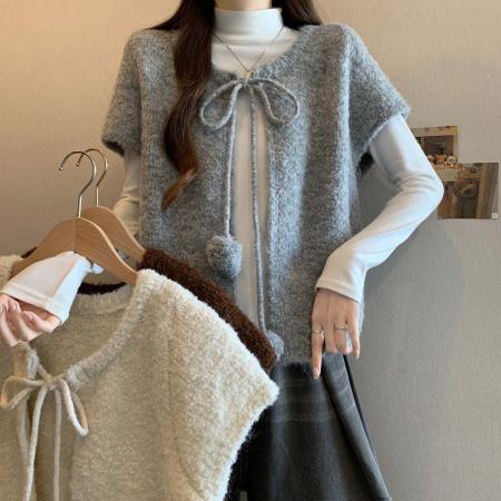 FA54557# 秋冬新款个性短袖百搭系绳针织衫毛衣大码宽松显瘦上衣  服裝批發女裝批發服飾貨源