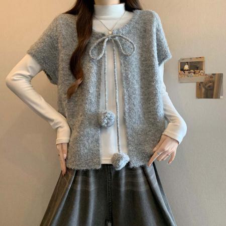 FA54557# 秋冬新款个性短袖百搭系绳针织衫毛衣大码宽松显瘦上衣  服裝批發女裝批發服飾貨源