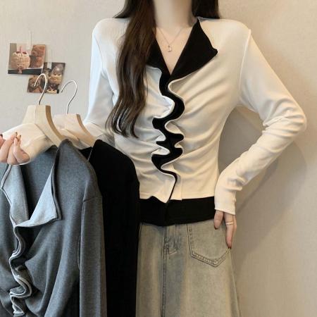 FA54558# 早春新款个性卷边法式针织衫T恤女大码百搭减龄休闲上衣  服裝批發女裝批發服飾貨源