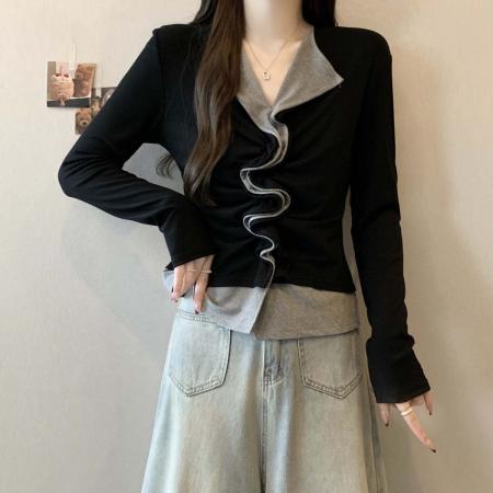 FA54558# 早春新款个性卷边法式针织衫T恤女大码百搭减龄休闲上衣  服裝批發女裝批發服飾貨源