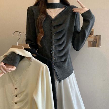 FA54559# 早春个性法式单排扣打底针织衫女大码减龄显瘦百搭上衣  服裝批發女裝批發服飾貨源