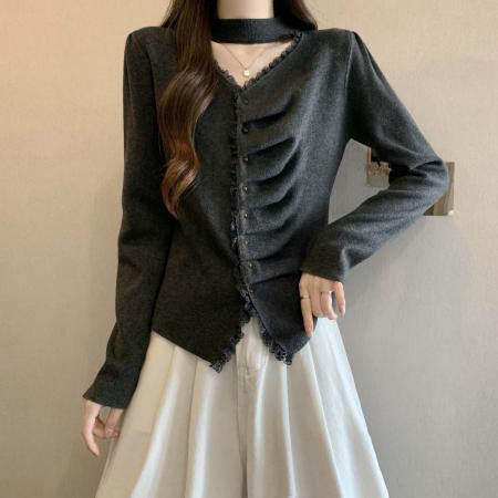 FA54559# 早春个性法式单排扣打底针织衫女大码减龄显瘦百搭上衣  服裝批發女裝批發服飾貨源