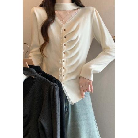 FA54559# 早春个性法式单排扣打底针织衫女大码减龄显瘦百搭上衣  服裝批發女裝批發服飾貨源