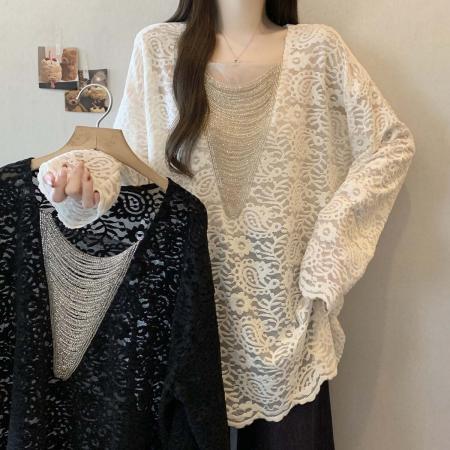 FA54560# 早春新款V领法式时尚百搭蕾丝T恤女大码宽松显瘦单上衣  服裝批發女裝批發服飾貨源