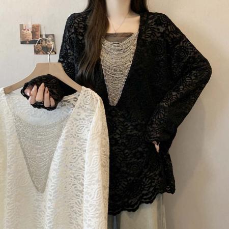 FA54560# 早春新款V领法式时尚百搭蕾丝T恤女大码宽松显瘦单上衣  服裝批發女裝批發服飾貨源