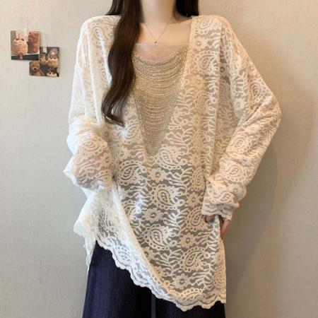 FA54560# 早春新款V领法式时尚百搭蕾丝T恤女大码宽松显瘦单上衣  服裝批發女裝批發服飾貨源