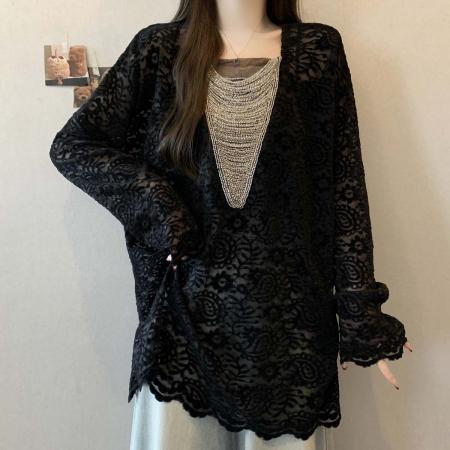 FA54560# 早春新款V领法式时尚百搭蕾丝T恤女大码宽松显瘦单上衣  服裝批發女裝批發服飾貨源