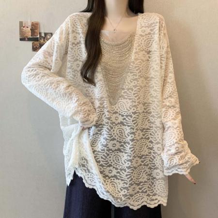 FA54560# 早春新款V领法式时尚百搭蕾丝T恤女大码宽松显瘦单上衣  服裝批發女裝批發服飾貨源