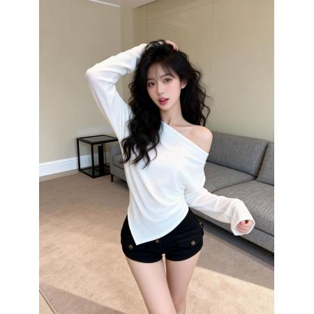 FA54561# 春装辣妹纯欲风一字肩不规则小衫女修身显瘦上衣打底  服裝批發女裝批發服飾貨源