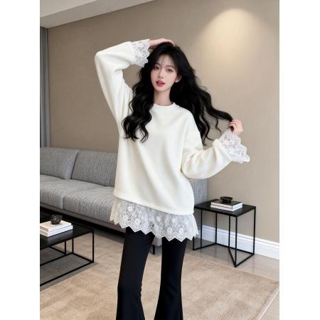 FA54562# 春装加绒白色打底衫女内搭宽松遮屁股蕾丝长袖T恤上衣ins  服裝批發女裝批發服飾貨源