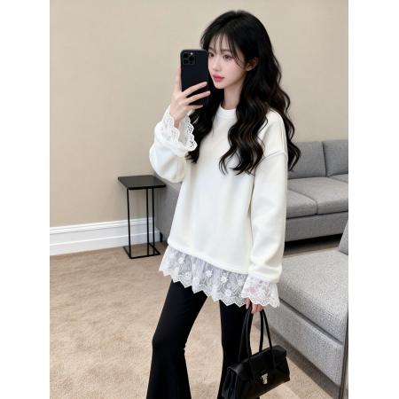 FA54562# 春装加绒白色打底衫女内搭宽松遮屁股蕾丝长袖T恤上衣ins  服裝批發女裝批發服飾貨源