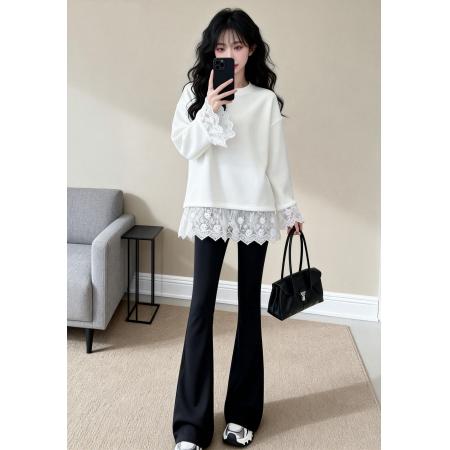 FA54562# 春装加绒白色打底衫女内搭宽松遮屁股蕾丝长袖T恤上衣ins  服裝批發女裝批發服飾貨源