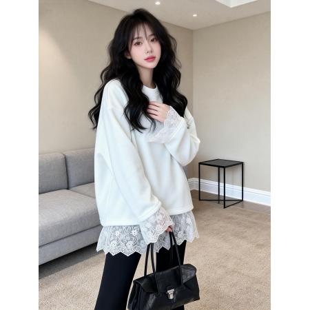 FA54562# 春装加绒白色打底衫女内搭宽松遮屁股蕾丝长袖T恤上衣ins  服裝批發女裝批發服飾貨源