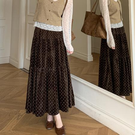 FA54564# 秋冬法式丝绒印花圆点半身裙女松紧腰a字拼接蛋糕长裙  服裝批發女裝批發服飾貨源