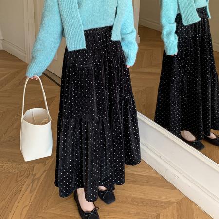 FA54564# 秋冬法式丝绒印花圆点半身裙女松紧腰a字拼接蛋糕长裙  服裝批發女裝批發服飾貨源