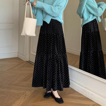 FA54564# 秋冬法式丝绒印花圆点半身裙女松紧腰a字拼接蛋糕长裙  服裝批發女裝批發服飾貨源
