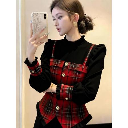 FA54566# 秋冬季新款红色格纹假两件女轻奢高端设计感独特漂亮掐腰法式上衣  服裝批發女裝批發服飾貨源
