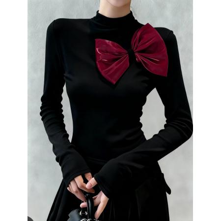 FA54567# 法式重工蝴蝶结长袖T恤女秋冬季新款黑色立体红色时尚百搭上衣  服裝批發女裝批發服飾貨源