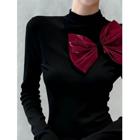 FA54567# 法式重工蝴蝶结长袖T恤女秋冬季新款黑色立体红色时尚百搭上衣  服裝批發女裝批發服飾貨源