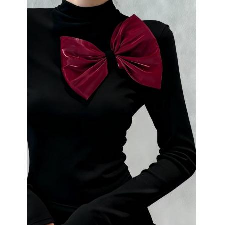 FA54567# 法式重工蝴蝶结长袖T恤女秋冬季新款黑色立体红色时尚百搭上衣  服裝批發女裝批發服飾貨源