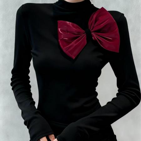 FA54567# 法式重工蝴蝶结长袖T恤女秋冬季新款黑色立体红色时尚百搭上衣  服裝批發女裝批發服飾貨源