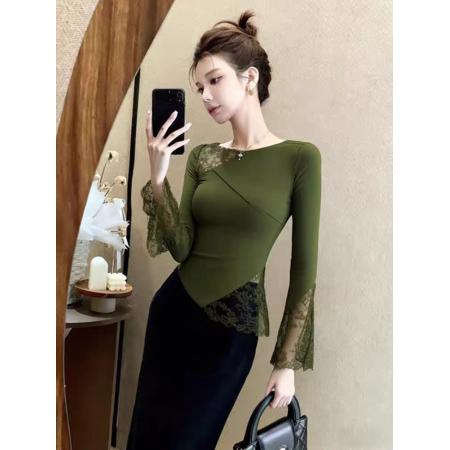 FA54568# 法式轻熟风绿色蕾丝拼接打底衫女内搭巨好看修身百搭长袖上衣秋冬  服裝批發女裝批發服飾貨源