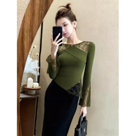 FA54568# 法式轻熟风绿色蕾丝拼接打底衫女内搭巨好看修身百搭长袖上衣秋冬  服裝批發女裝批發服飾貨源