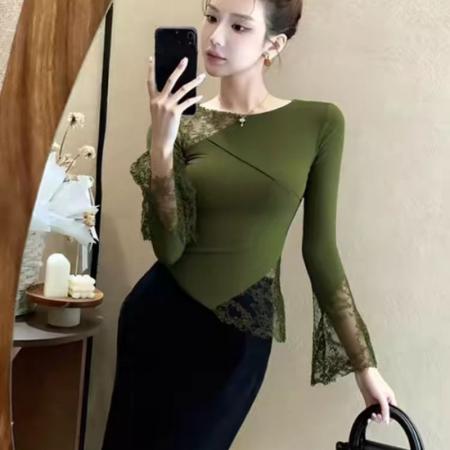 FA54568# 法式轻熟风绿色蕾丝拼接打底衫女内搭巨好看修身百搭长袖上衣秋冬  服裝批發女裝批發服飾貨源