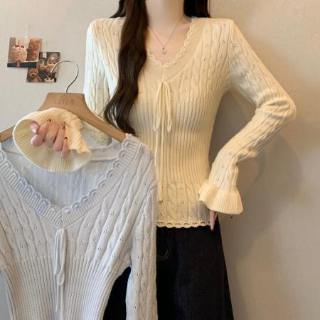 FA54570# 大码镂空肌理v领绑带荷叶袖纯欲风收腰显瘦毛衣针织上衣  服裝批發女裝批發服飾貨源