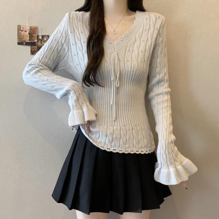 FA54570# 大码镂空肌理v领绑带荷叶袖纯欲风收腰显瘦毛衣针织上衣  服裝批發女裝批發服飾貨源