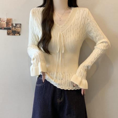 FA54570# 大码镂空肌理v领绑带荷叶袖纯欲风收腰显瘦毛衣针织上衣  服裝批發女裝批發服飾貨源