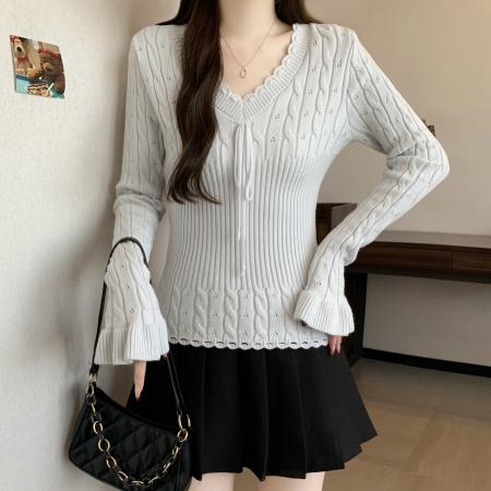 FA54570# 大码镂空肌理v领绑带荷叶袖纯欲风收腰显瘦毛衣针织上衣  服裝批發女裝批發服飾貨源