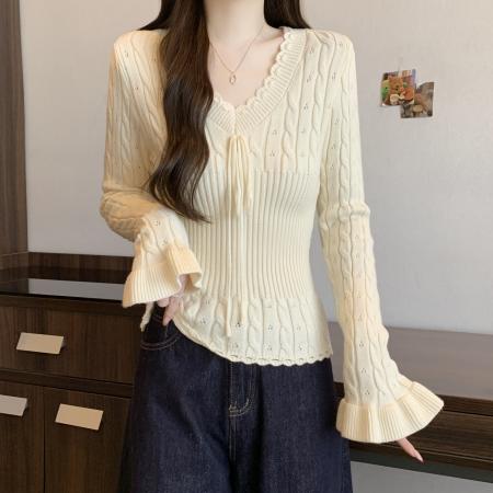 FA54570# 大码镂空肌理v领绑带荷叶袖纯欲风收腰显瘦毛衣针织上衣  服裝批發女裝批發服飾貨源