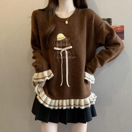 FA54571# 大码胖mm刺绣小熊图案毛衣棕色上衣秋冬新款显瘦遮肉针织衫  服裝批發女裝批發服飾貨源