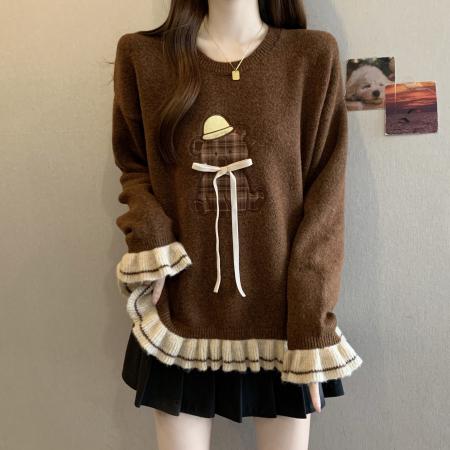 FA54571# 大码胖mm刺绣小熊图案毛衣棕色上衣秋冬新款显瘦遮肉针织衫  服裝批發女裝批發服飾貨源