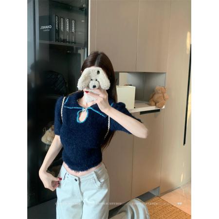 FA54573# 套头短袖针织衫女设计感镂空短款上衣  服裝批發女裝批發服飾貨源