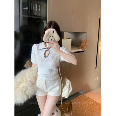 FA54573# 套头短袖针织衫女设计感镂空短款上衣  服裝批發女裝批發服飾貨源