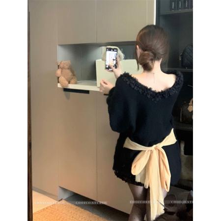 FA54574# 新年V领花边毛衣女冬氛围感纯欲保暖绑带上衣  服裝批發女裝批發服飾貨源