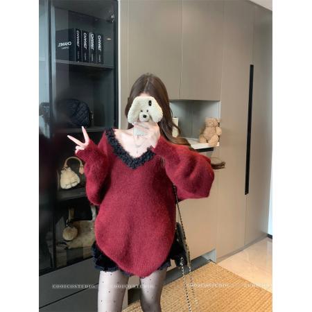 FA54574# 新年V领花边毛衣女冬氛围感纯欲保暖绑带上衣  服裝批發女裝批發服飾貨源