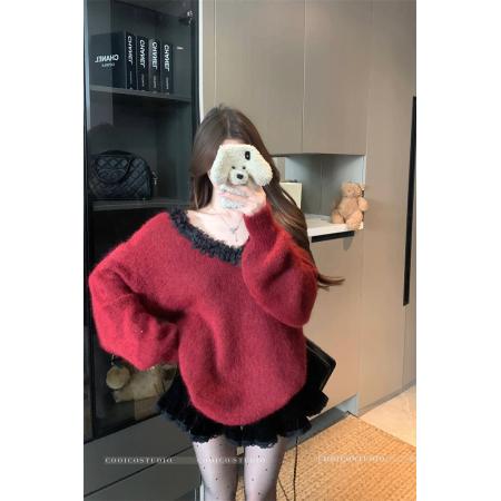 FA54574# 新年V领花边毛衣女冬氛围感纯欲保暖绑带上衣  服裝批發女裝批發服飾貨源