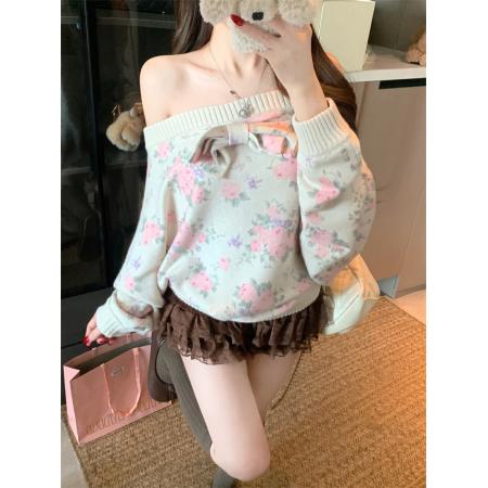 FA54576# 一字肩蝴蝶结碎花长袖针织毛衣女装秋冬季慵懒宽松上衣  服裝批發女裝批發服飾貨源