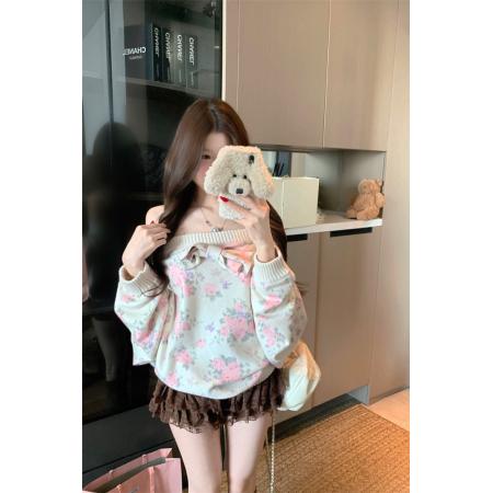 FA54576# 一字肩蝴蝶结碎花长袖针织毛衣女装秋冬季慵懒宽松上衣  服裝批發女裝批發服飾貨源